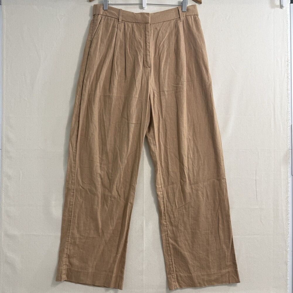 Abercrombie & Fitch Linen Cotton Pants Women’s L Camel Brown Wide Leg Pleated